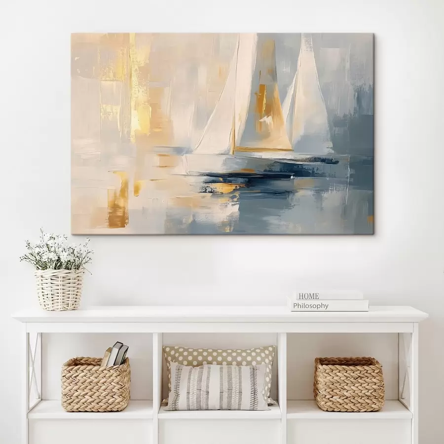 Glezna Abstrakcija ar buru laivām jūrā, akrila stilā, saulriets s43500