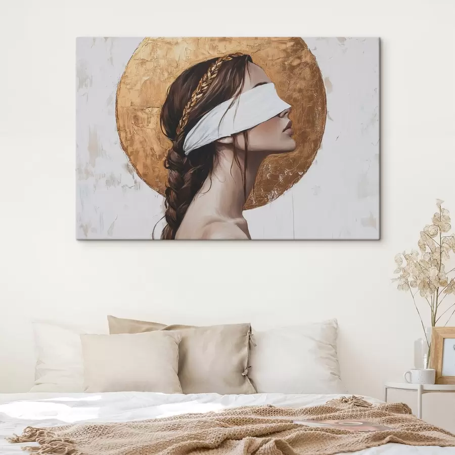 Glezna Sieviete ar pārsēju uz acīm, Grieķija, akrila stila zīmējums s43502