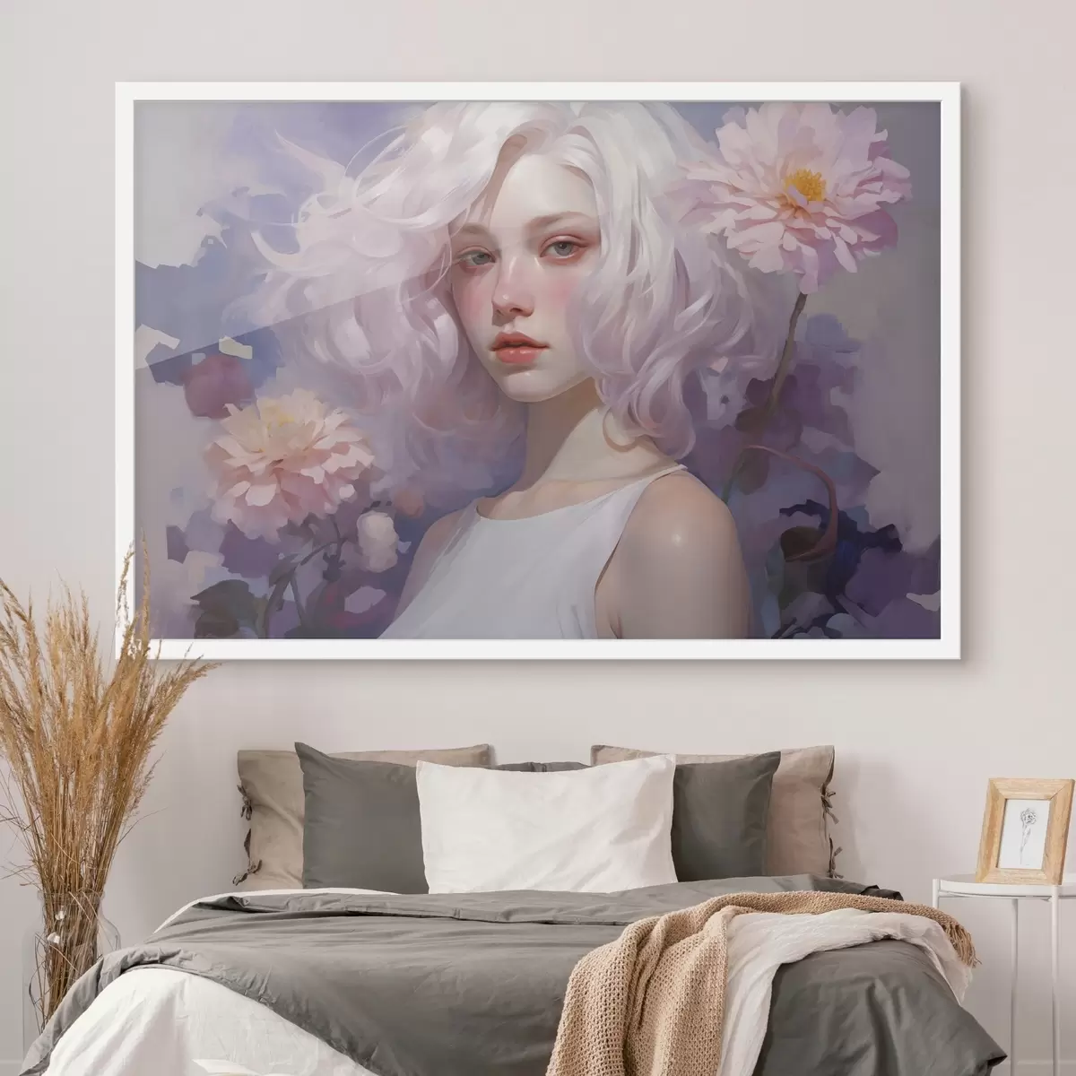 Plakāts Skaista meitene ziedos, akrila stila zīmējums, Japāna, violetas krāsas f43495