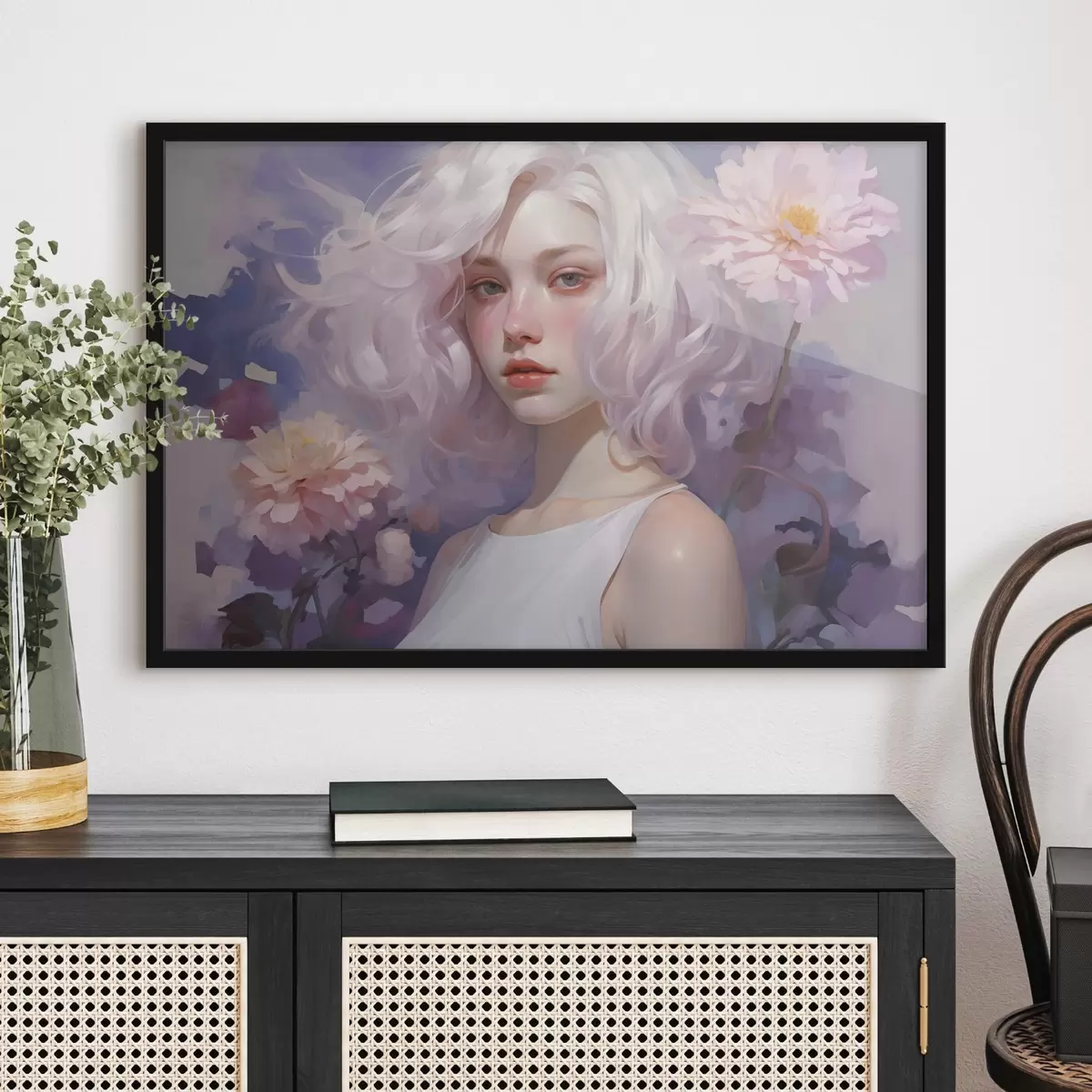 Plakāts Skaista meitene ziedos, akrila stila zīmējums, Japāna, violetas krāsas f43495