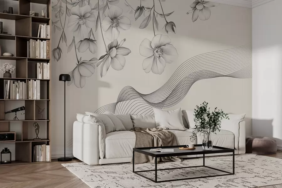 Fototapetes grafiski ziedi un līnijas uz gaiša fona w03454