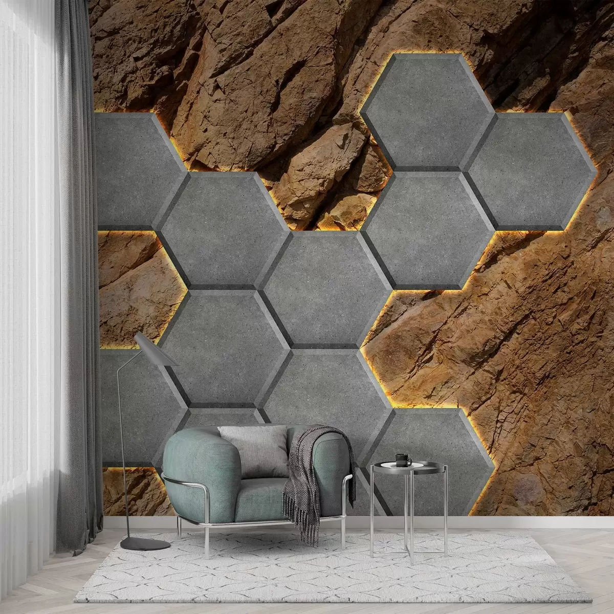 Fototapetes betona ugunsgrēku imitācija uz klinšu fona w03456