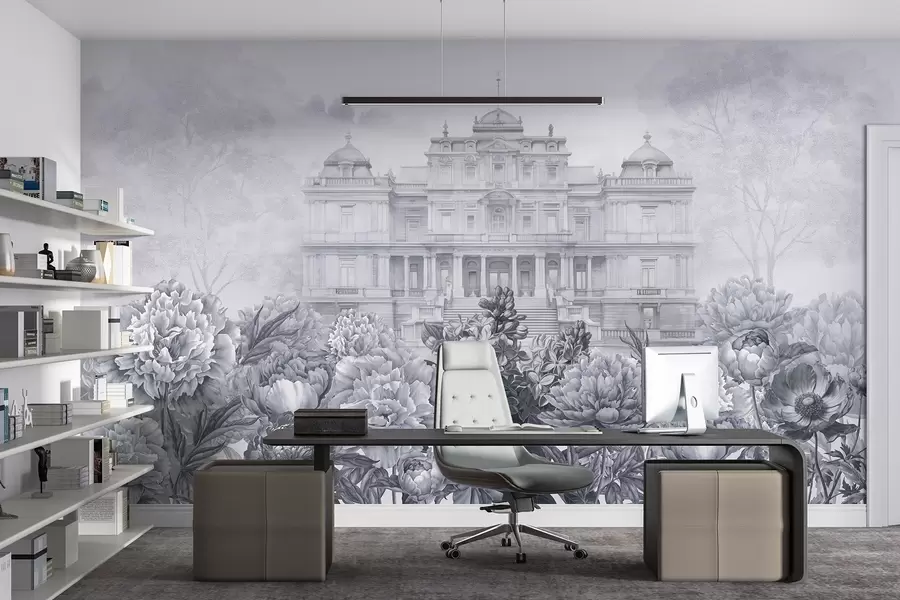 Fototapetes Karaliskā pils ar peoniju dārzu, akvareļu stils, daba, zilas krāsas, boho w03552v1