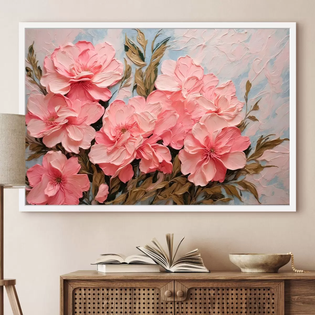 Plakāts Rozā ziedi un lapas eļļas gleznošanas stilā f43453