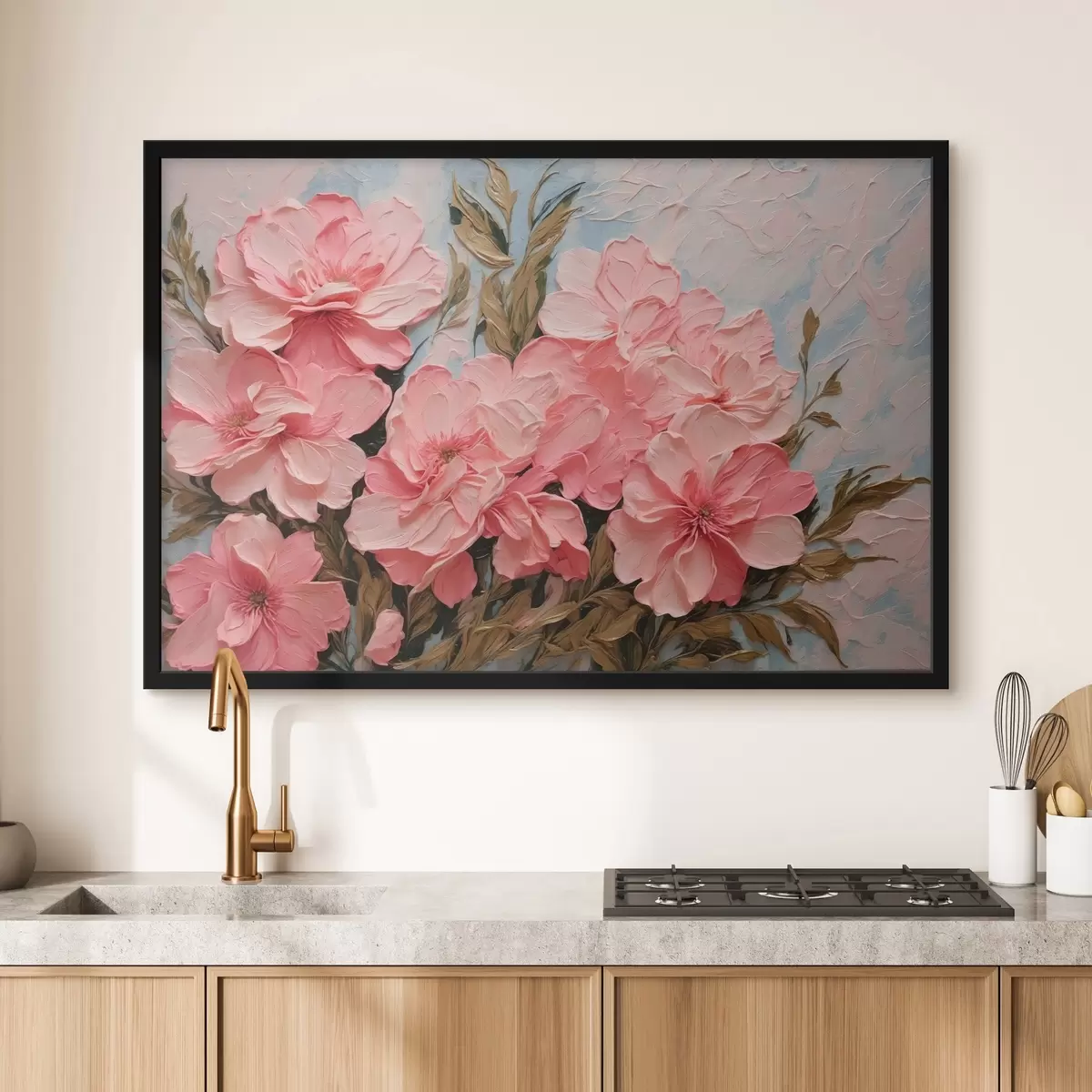 Plakāts Rozā ziedi un lapas eļļas gleznošanas stilā f43453