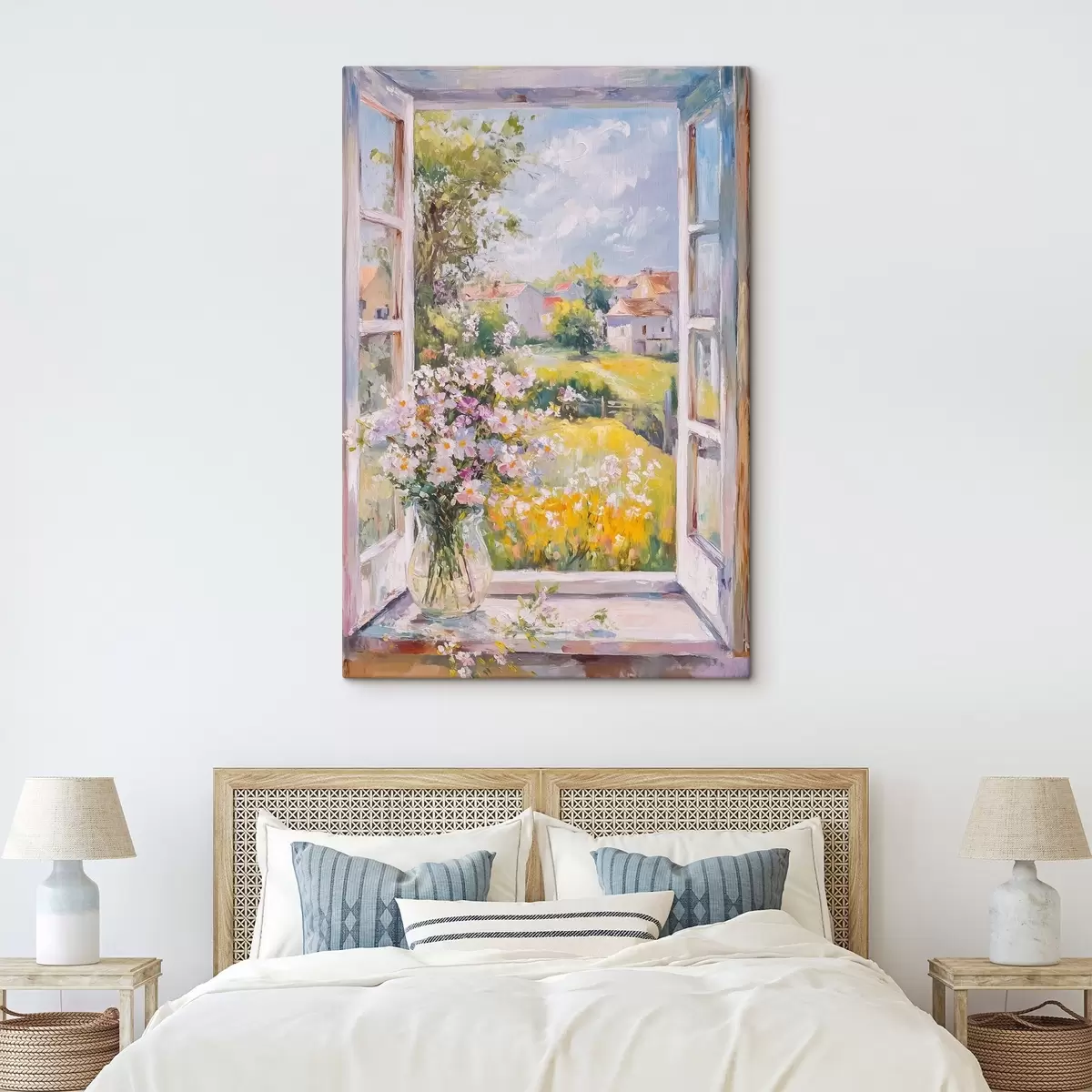 Glezna Vasara ciematā, lauku, eļļas stila zīmējums, ziedi vāzē s43889