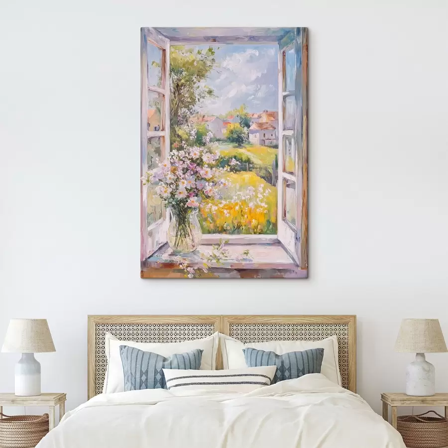 Fototapetes Vasara ciematā, lauku, eļļas stila zīmējums, ziedi vāzē s43889