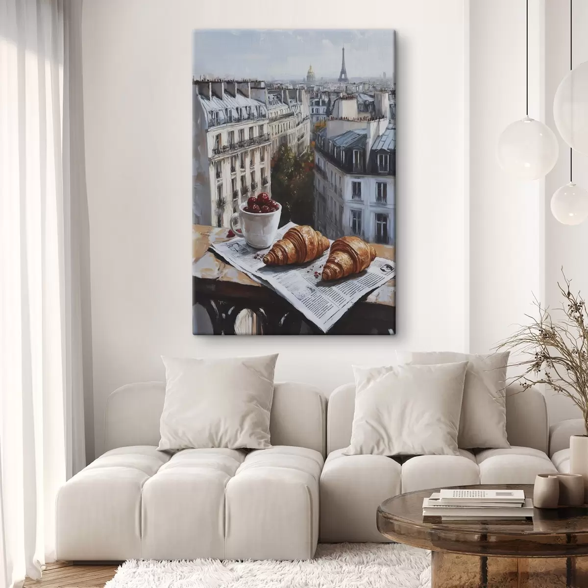 Glezna Parīzes rīts, kafija ar kruasāniem, pilsētas skats, eļļas stila zīmējums s43892