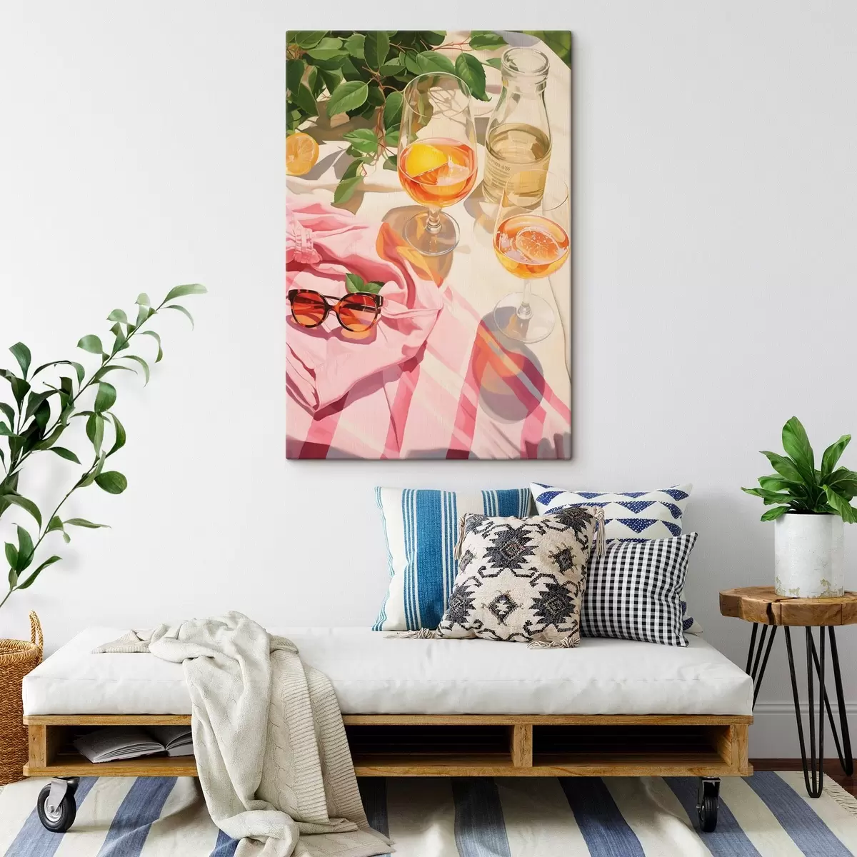 Glezna Vasara, glāzes ar šampanieti, zaļi augi, siltas krāsas s43885