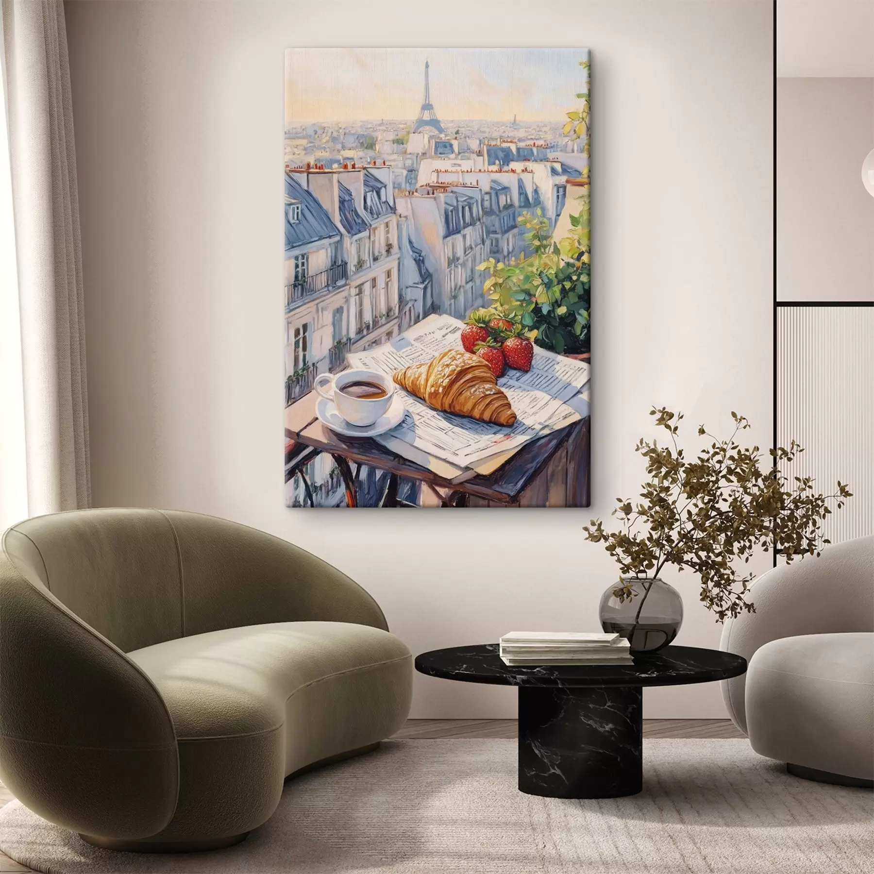 Fototapetes Saullēkts uz balkona Parīzē, Eifeļa tornis, zemenes, kafija, žurnāls s43890
