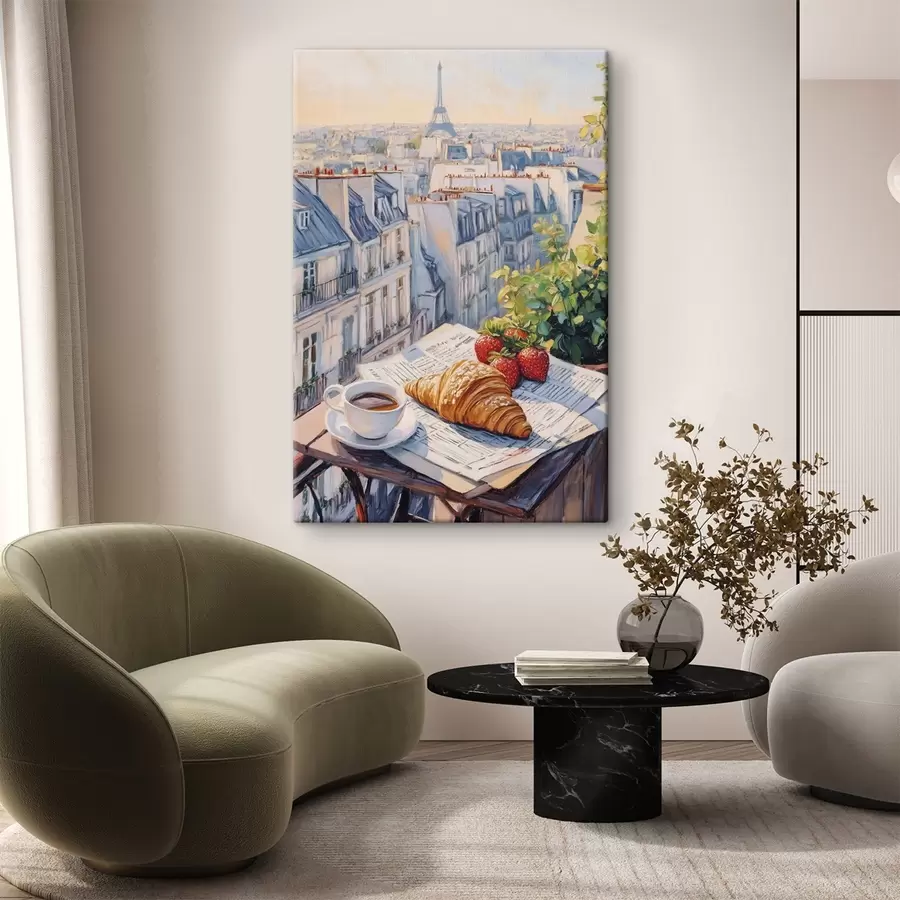 Glezna Saullēkts uz balkona Parīzē, Eifeļa tornis, zemenes, kafija, žurnāls s43890
