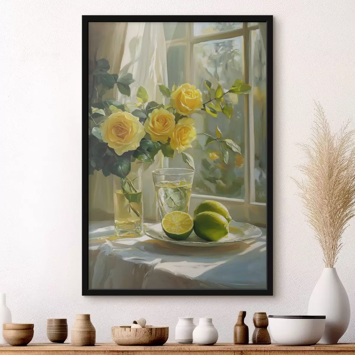 Plakāts Skaistas dzeltenas rozes vāzē pie loga, ūdens ar laimi f43886