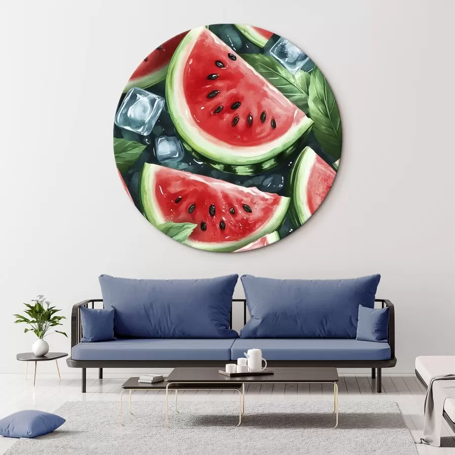 Glezna Arbūza šķēles ar ledus gabaliņiem un piparmētru, akvareļu stilā r43880