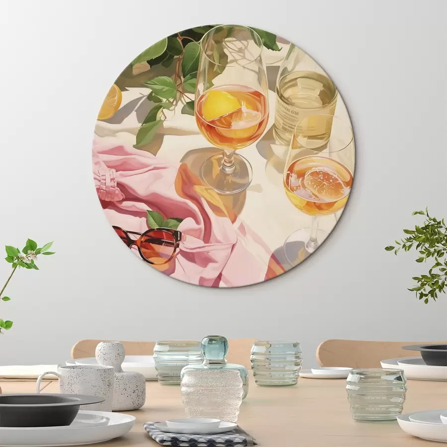 Glezna Vasara, glāzes ar šampanieti, zaļi augi, siltas krāsas r43885