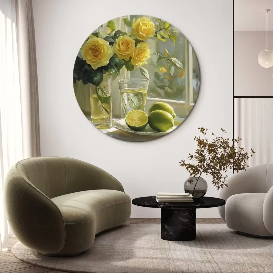 Glezna Skaistas dzeltenas rozes vāzē pie loga, ūdens ar laimi r43886