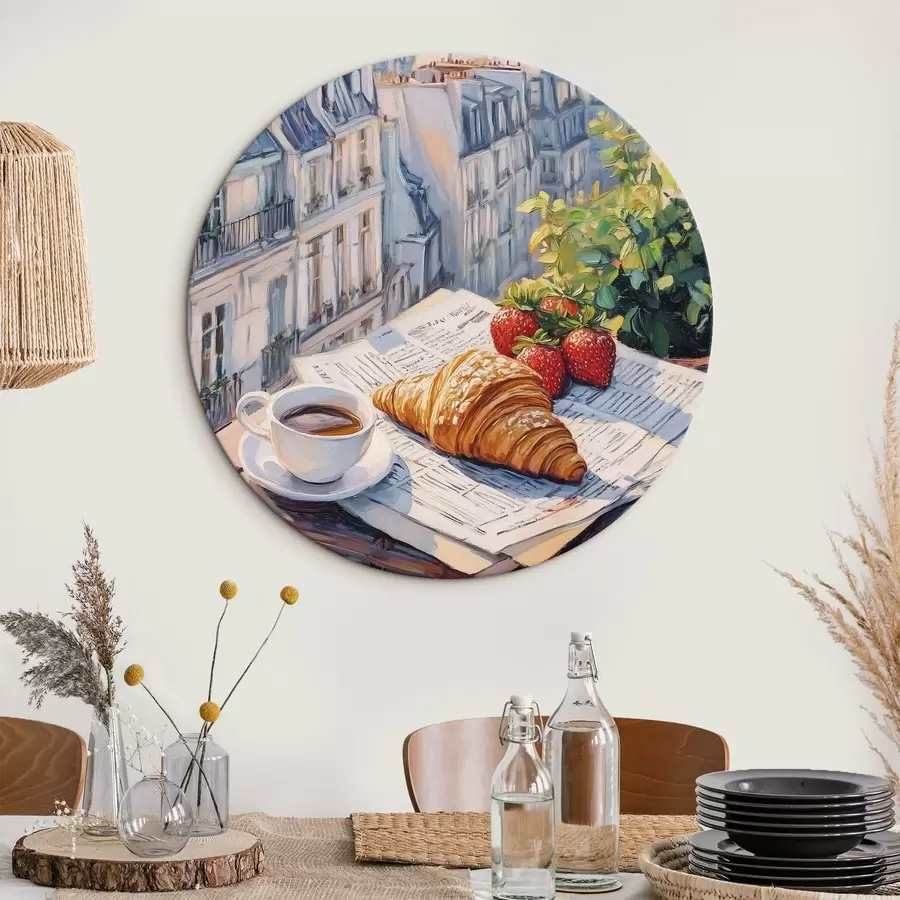 Glezna Saullēkts uz balkona Parīzē, Eifeļa tornis, zemenes, kafija, žurnāls r43890