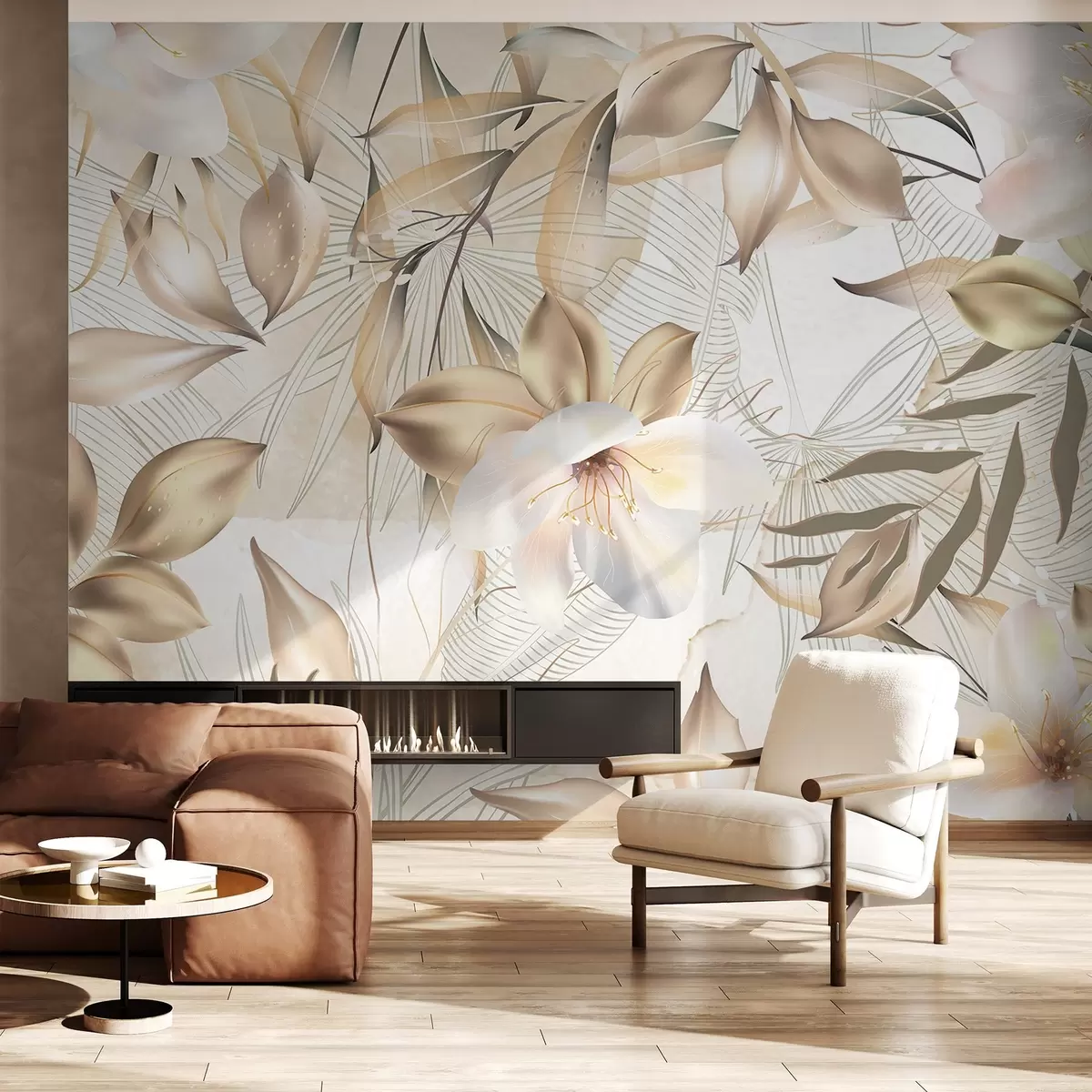 Fototapetes Jasmīna ziedi un lapas, maigas krāsas, botāniska ilustrācija, ziedu fons , elegants dizains, maigi ziedlapiņas w08977