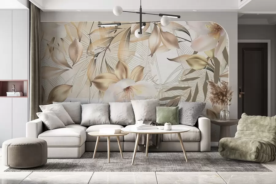 Fototapetes Jasmīna ziedi un lapas, maigas krāsas, botāniska ilustrācija, ziedu fons , elegants dizains, maigi ziedlapiņas w08977