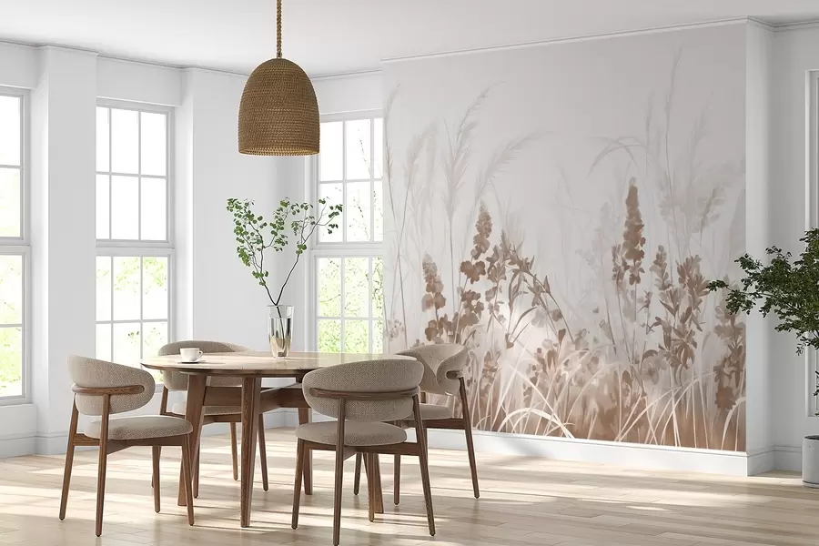 Fototapetes Brūni ziedi un smilškrāsas niedres laukā, minimālisma glezniecības tekstūra, viegls fons, maigas krāsas, maigi triepieni ar otu  w08982v1