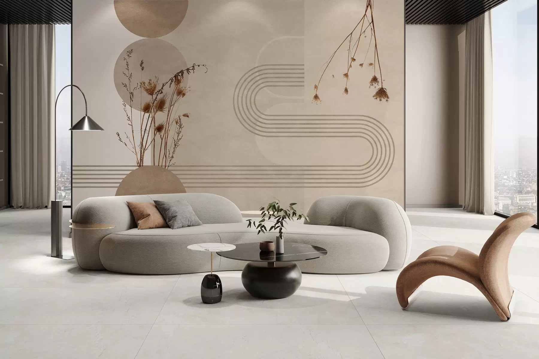 Fototapetes stilīga ģeometrija un kaltēti ziedi bēšos toņos w03449