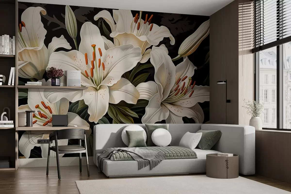 Fototapetes Eleganti lieli balti ziedi uz tumša fona w08983