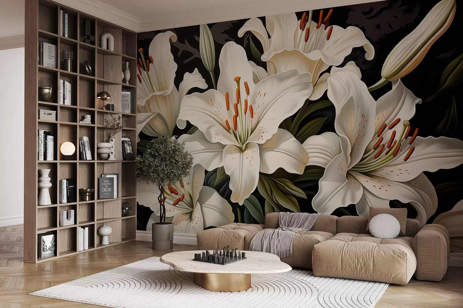 Fototapetes Eleganti lieli balti ziedi uz tumša fona w08983