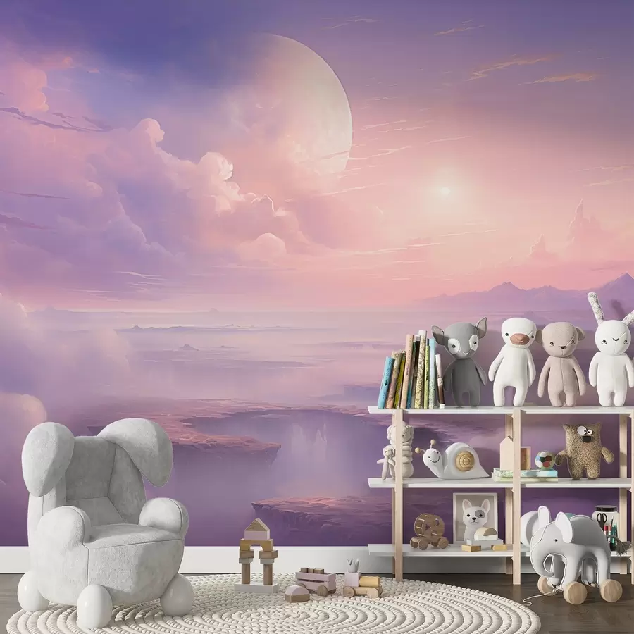 Fototapetes Maģiskās violeti rozā debesis ar mēnesi un mākoņiem w08986