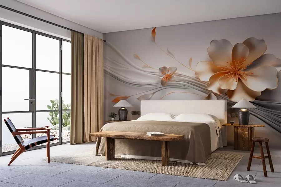 Fototapetes Oranžs zieds uz pelēka abstrakta fona w09004