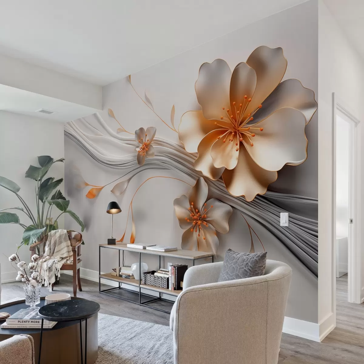 Fototapetes Oranžs zieds uz pelēka abstrakta fona w09004