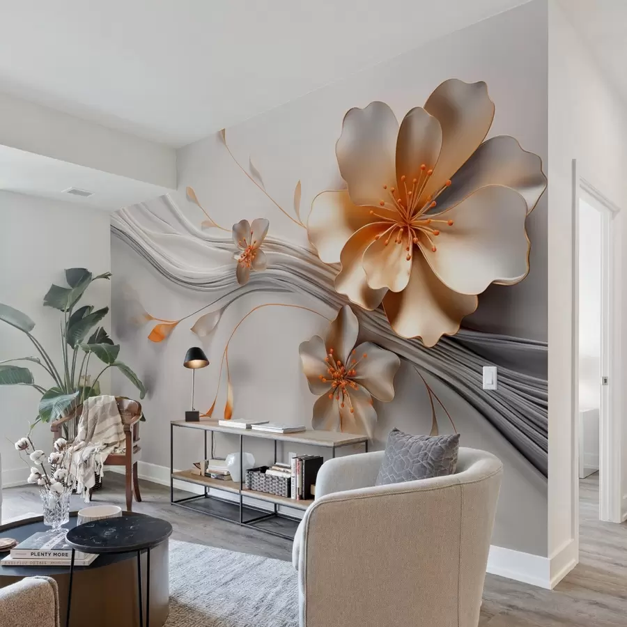 Fototapetes Oranžs zieds uz pelēka abstrakta fona w09004