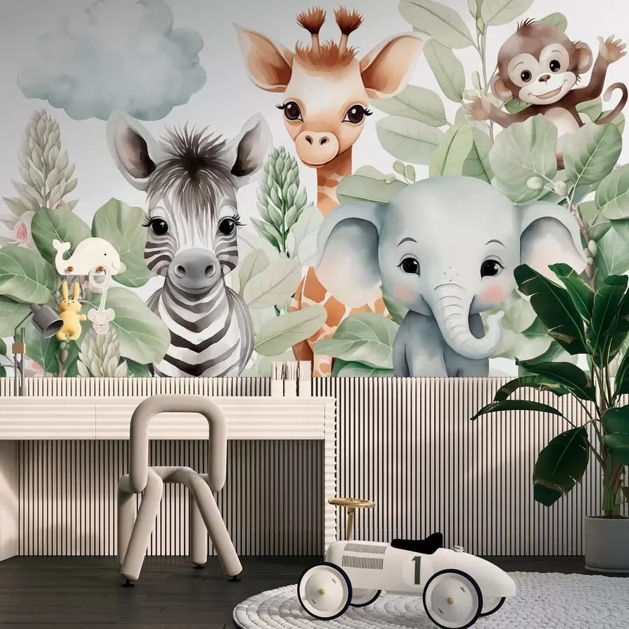 Fototapetes Žirafe, zebra, zilonis un pērtiķis starp lapotni w03677