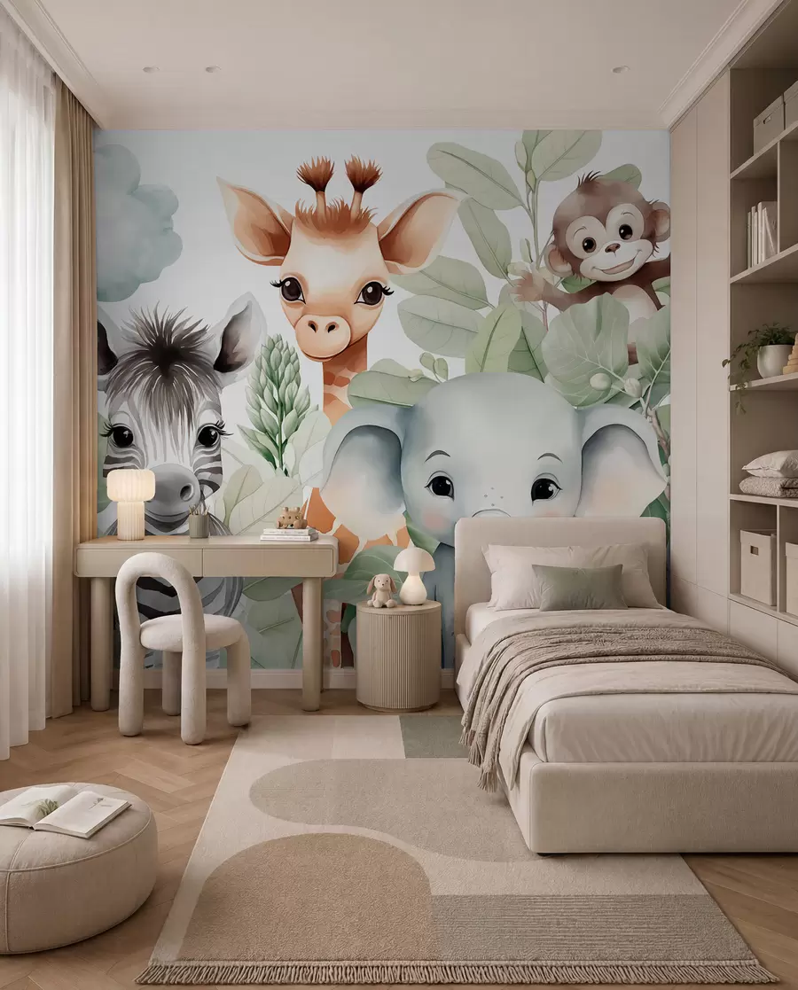 Fototapetes Žirafe, zebra, zilonis un pērtiķis starp lapotni w03677