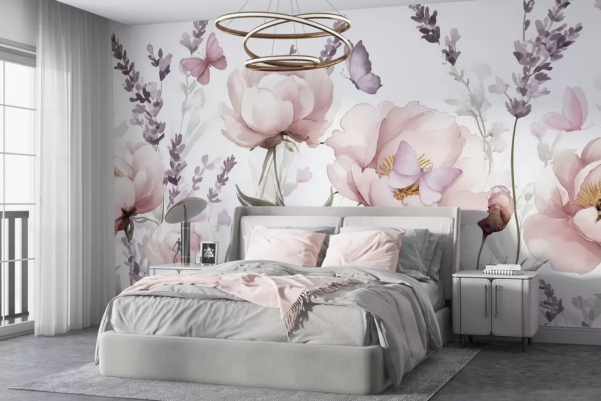 Fototapetes Ziedu pļava, peonijas, lavanda, tauriņi, akvareļu stilā, rozā krāsas w03668