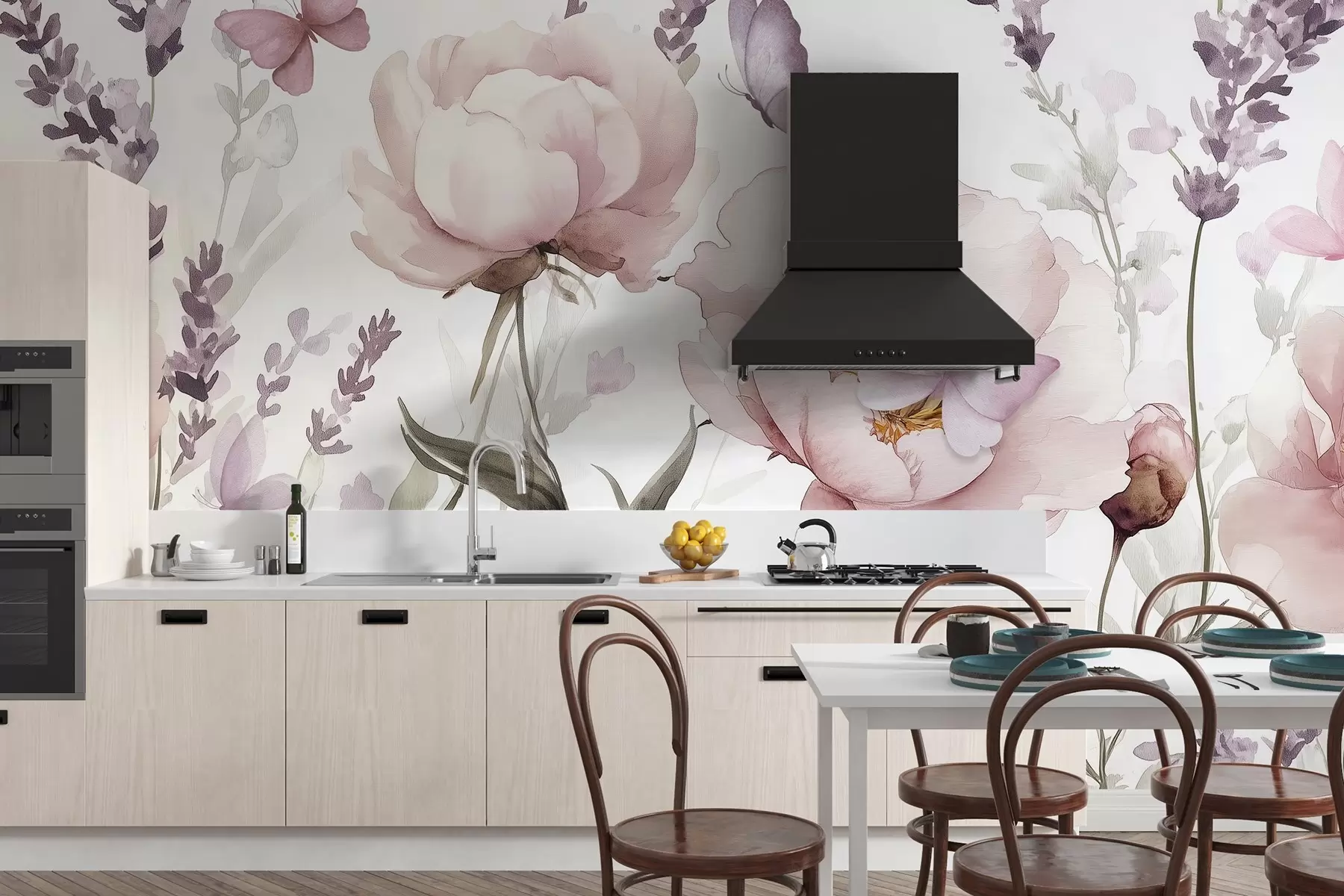 Fototapetes Ziedu pļava, peonijas, lavanda, tauriņi, akvareļu stilā, rozā krāsas w03668