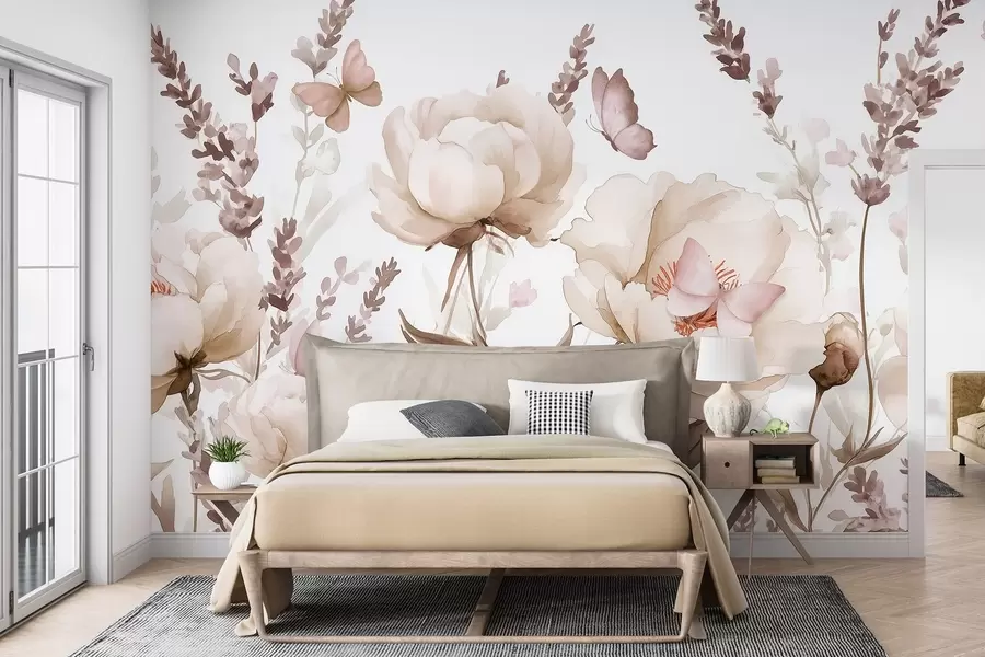 Fototapetes Ziedu pļava, peonijas, lavanda, tauriņi, akvareļu stils, bēšas krāsas w03668v2