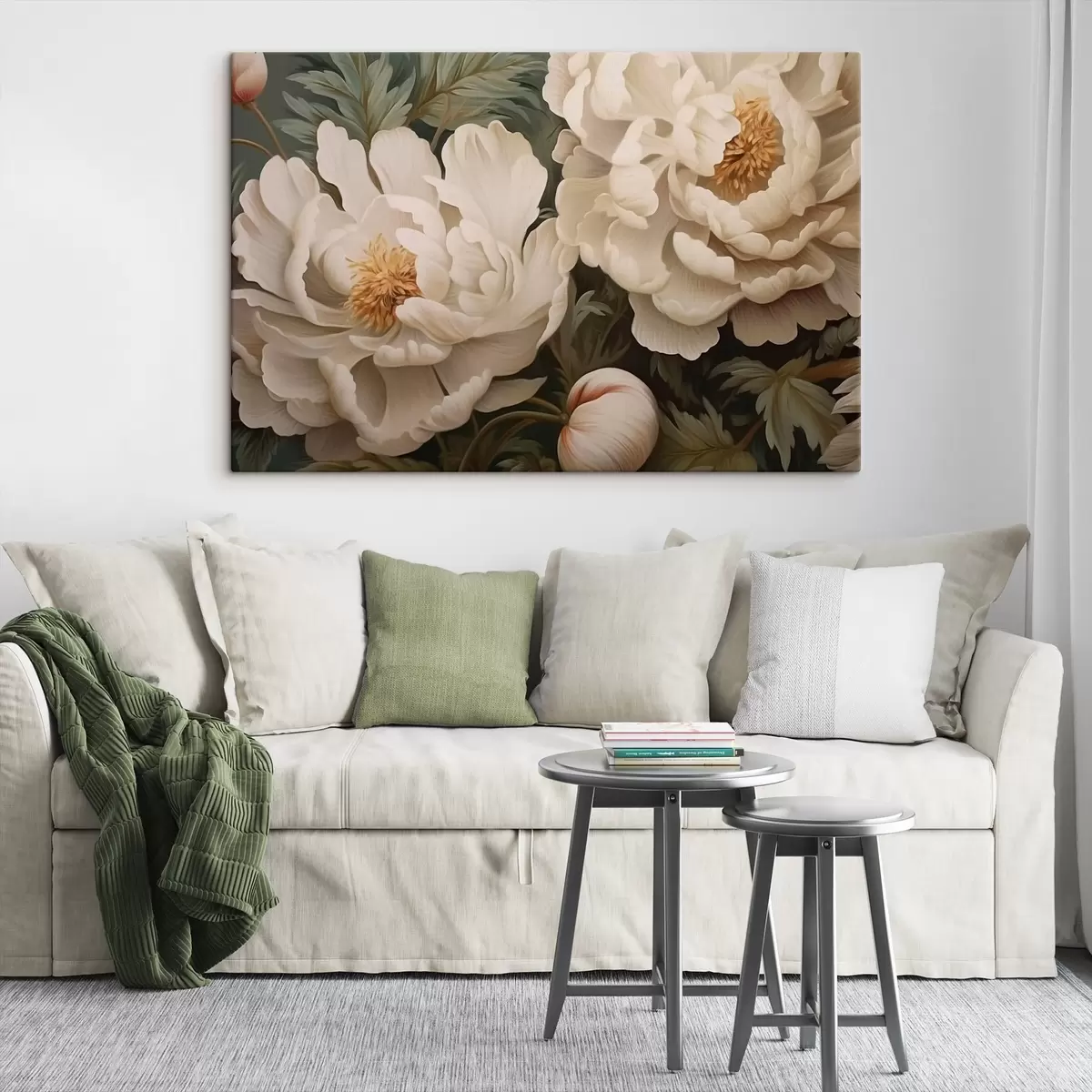 Glezna Krēmkrāsas peonijas starp zaļām lapām s43991