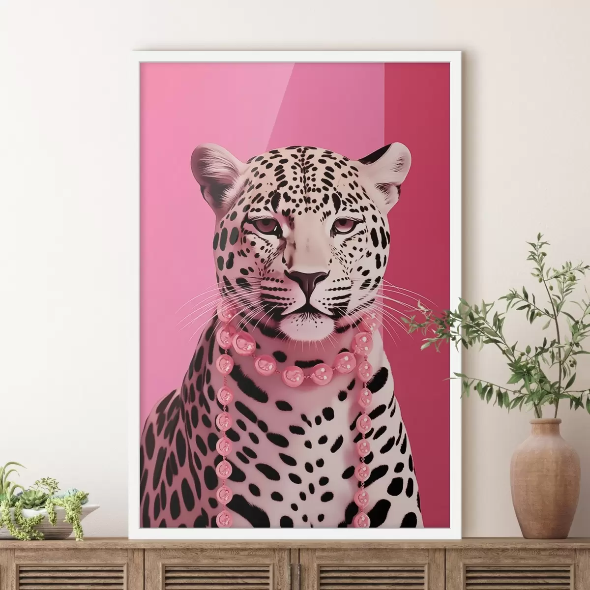 Plakāts Leoparda portrets ar rozā kaklarotu f43976