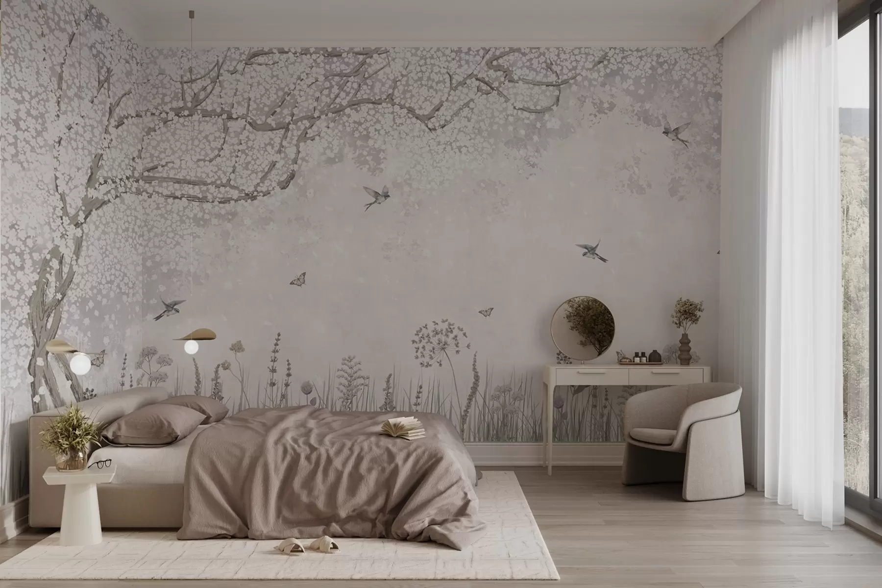 Fototapetes Ziedošs koks ar savvaļas ziediem un putniem w03700