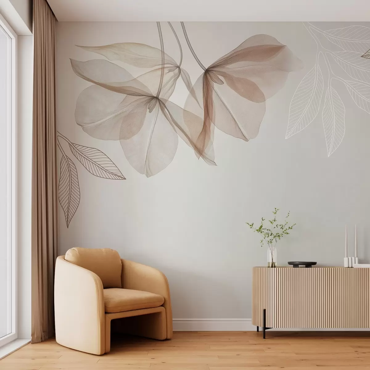 Fototapetes maigi caurspīdīgi ziedi un lapas mokas toņos w03616v3