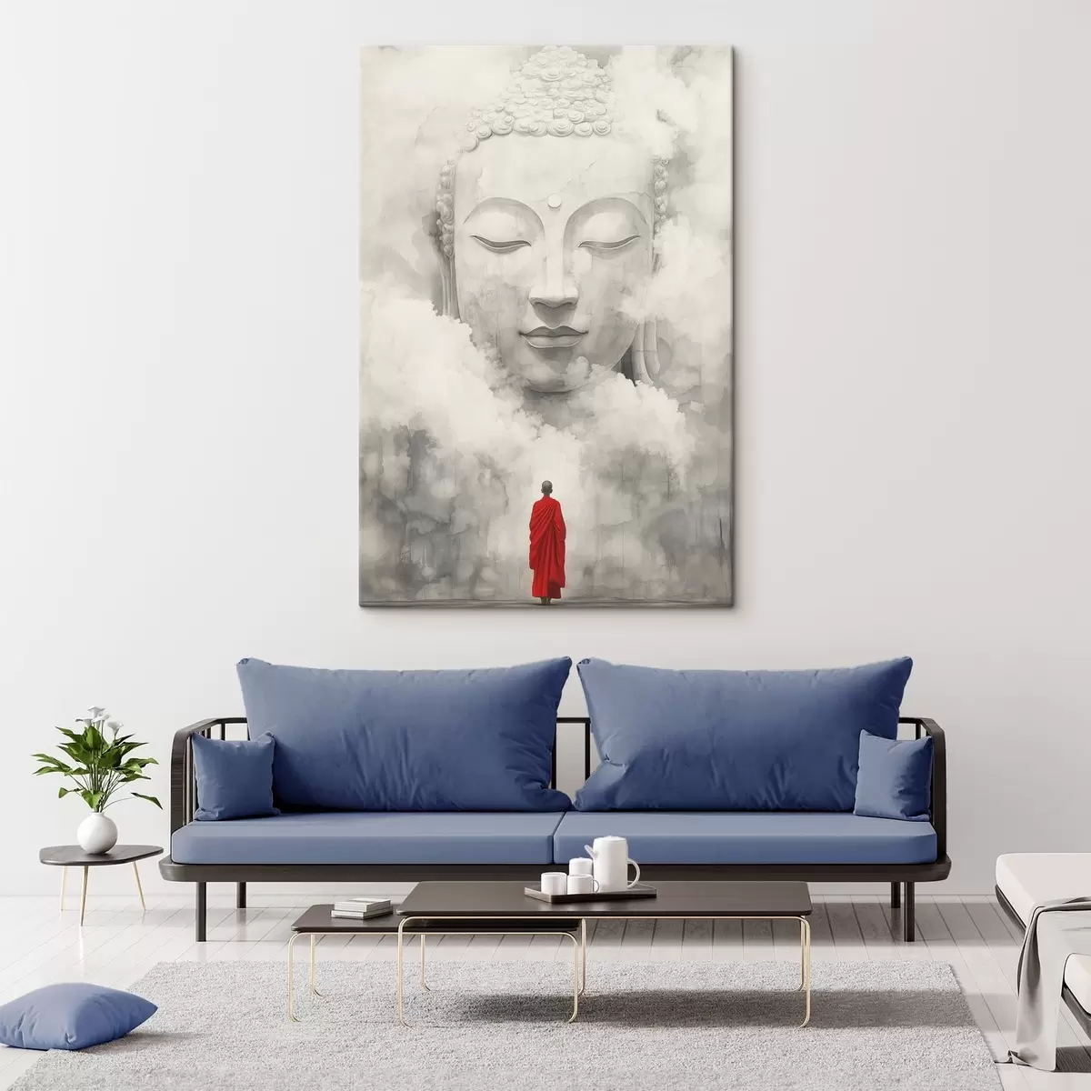 Glezna Budisms, mūks sarkanā tērpā, migla, akvareļu stils s44007