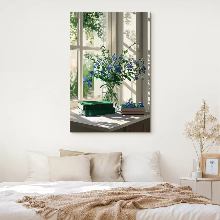 Glezna Grāmatas un violetas puķes vāzē uz palodzes, zaļumi s44008