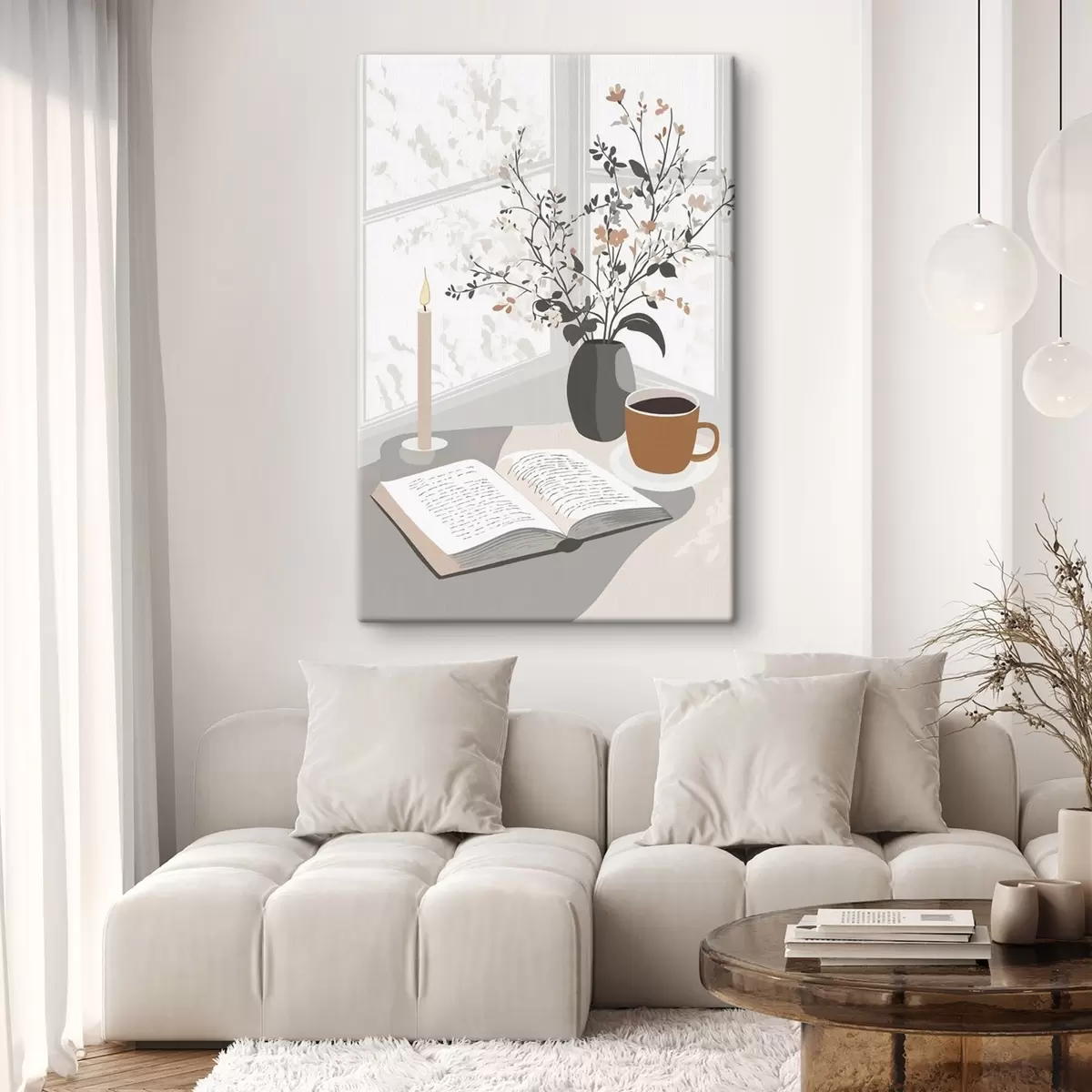 Glezna Abstrakcija, atvērta grāmata, vāze ar ziediem, svece, bēšas krāsas s44011