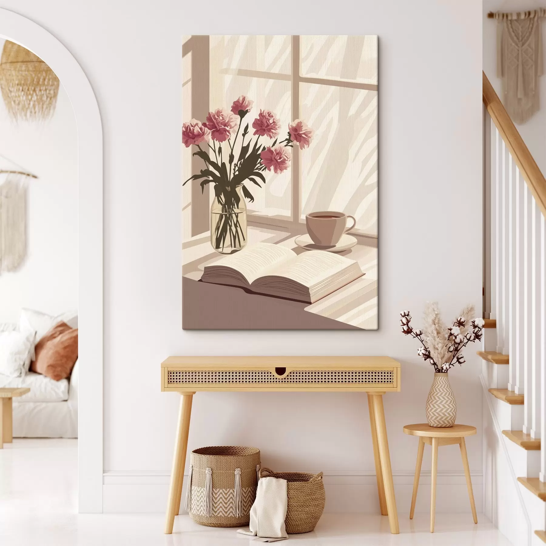 Glezna Rīta estētika, kafijas tasīte, grāmata, neļķu ziedi s44012