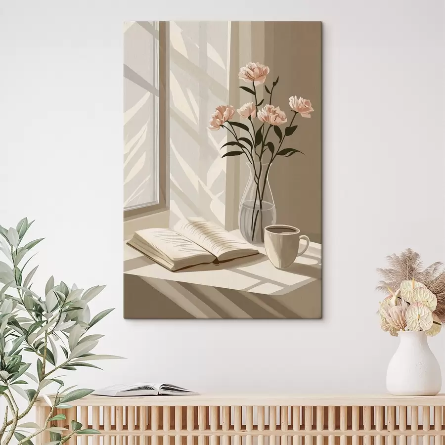 Glezna Mājīgs rīts ar kafiju un grāmatu, rozā ziedi, abstrakcija s44013