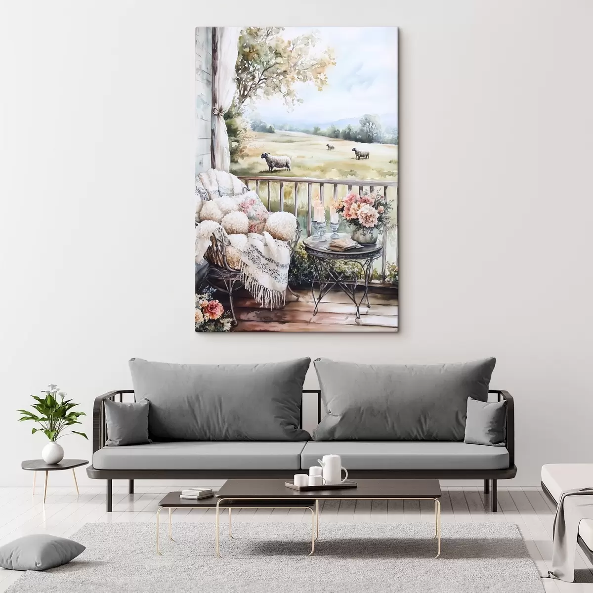 Glezna Lauku sēta ar aitām, laukiem, lauku puķēm, akvareļu stilā s44014