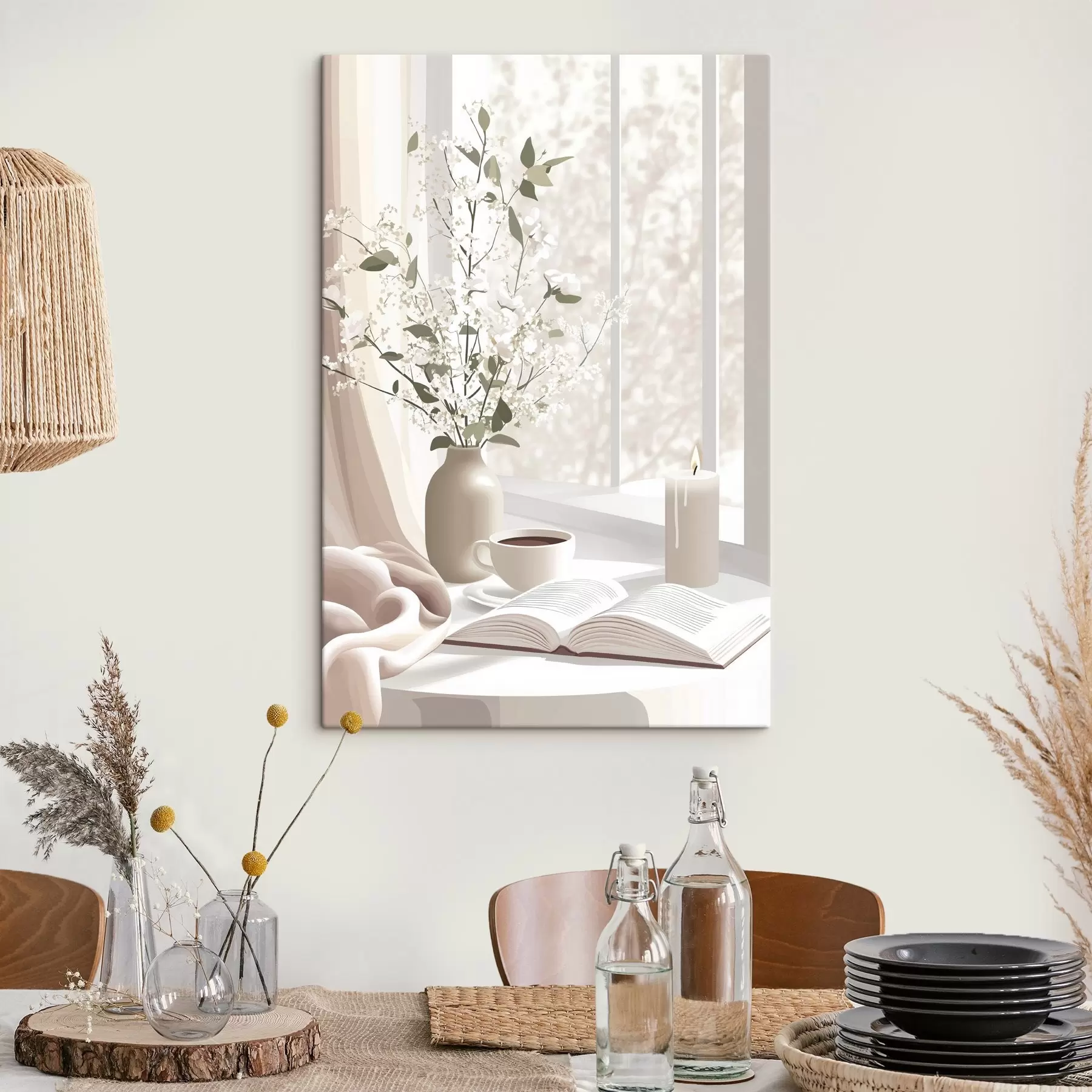 Fototapetes Pavasara rīts ar kafiju un ziediem, maigas pasteļkrāsas s44015