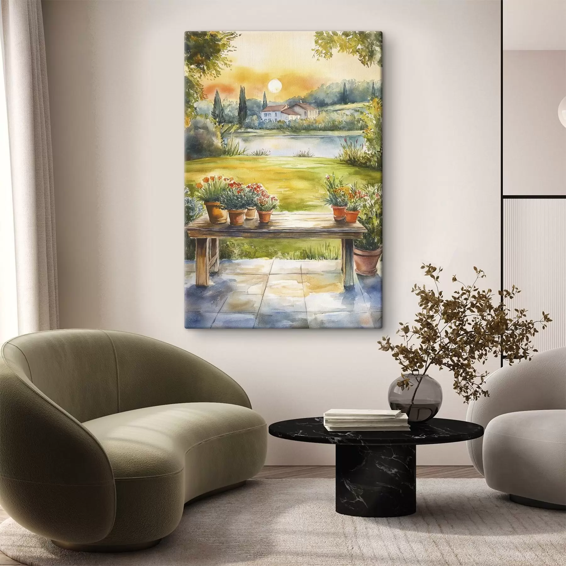 Glezna Ciemats uz saulrieta, lauku, vasaras ziedi, ezers, akvareļu stilā s44016