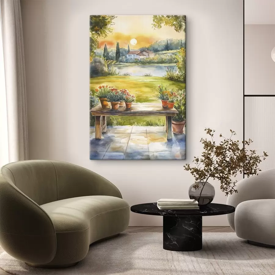 Glezna Ciemats uz saulrieta, lauku, vasaras ziedi, ezers, akvareļu stilā s44016