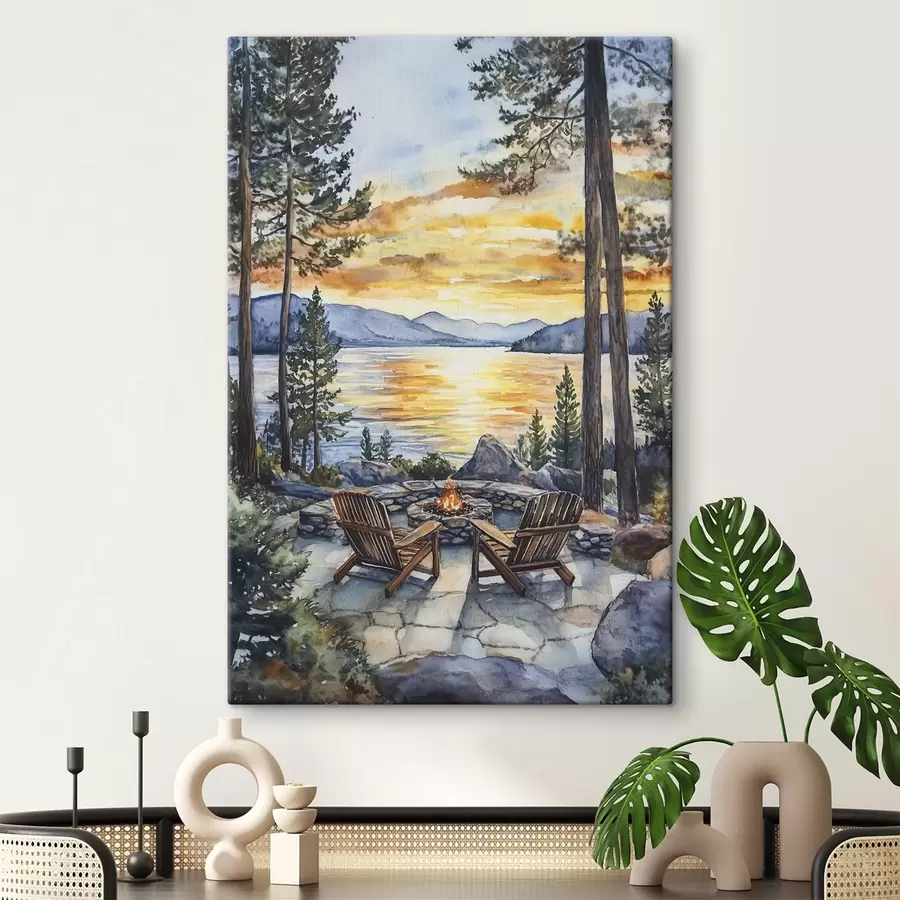 Glezna Ezers ar kalniem saulrietā, ceļošana, mājīgs kamīns, akvarelis s44018