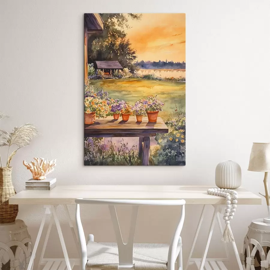 Glezna Ziedi ciema dārzā, saulrieta krāsas, akvareļu stilā s44019